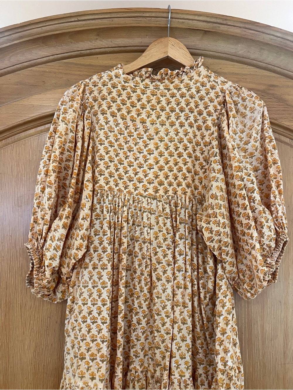 100% Cotton Hand Block Print Boho Floral Tiered Maxi Dress - Yellow - Picture 8 of 8